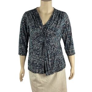 Daisy Fuentes Woman 1X Twist Front V-Neck Top Black Blue Print